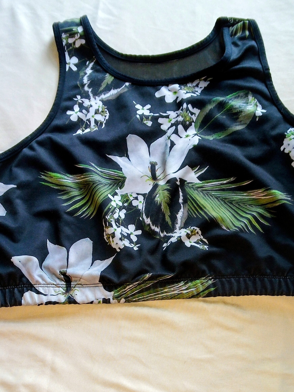 Black Floral Sports Bra with Green and White Print